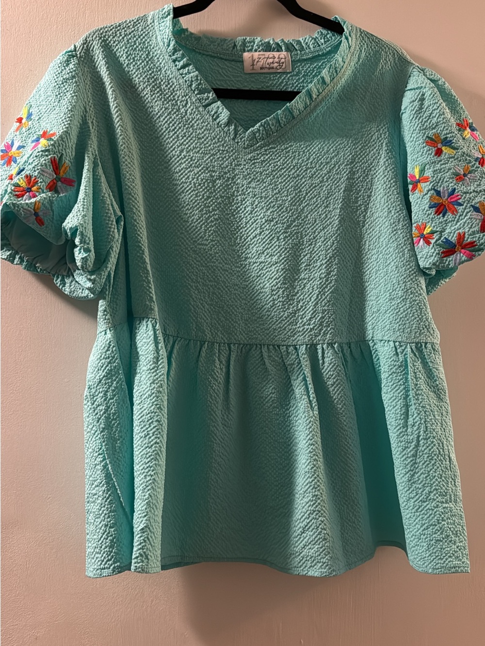 Light Teal Embroidered Puff Sleeve V-Neck Tunic